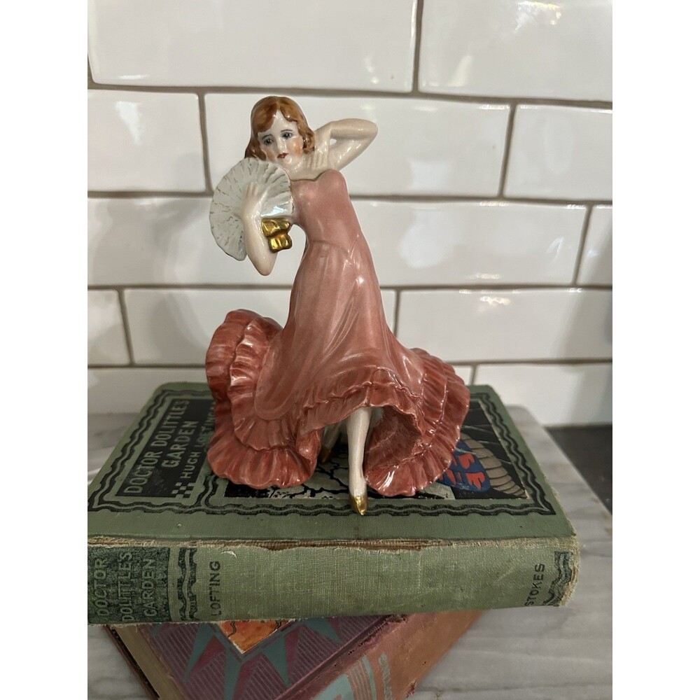Art Deco Handpainted Pink Porcelain Sassy Flapper Dancer Figurine Signed